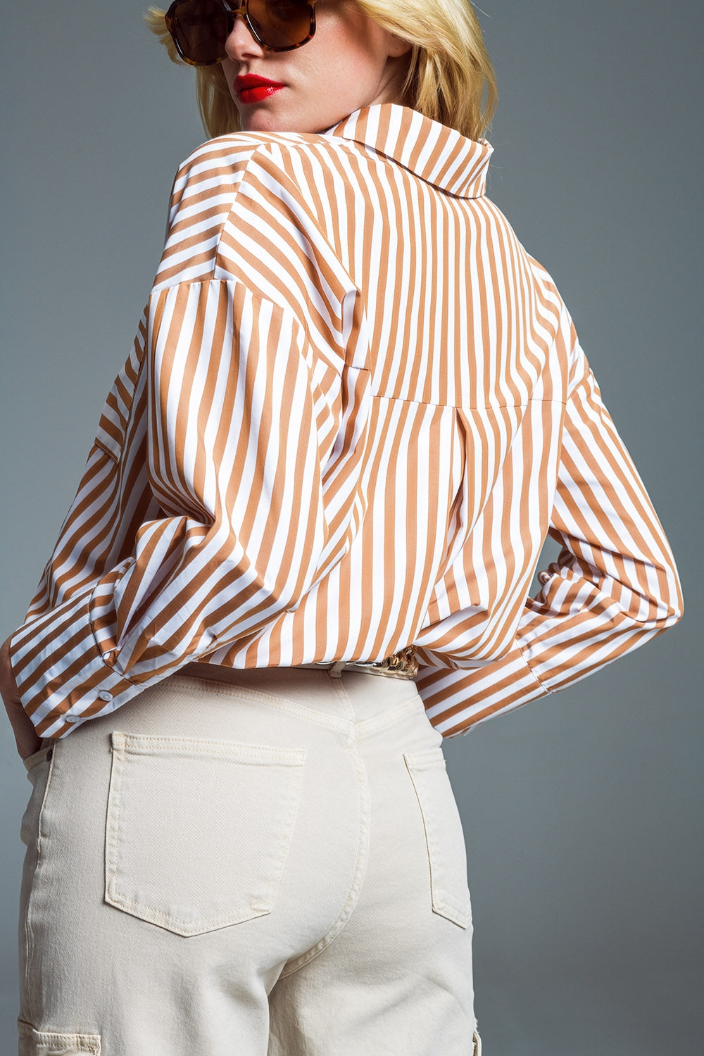 Striped Relaxed Shirt With Contrasting Pocket in Beige