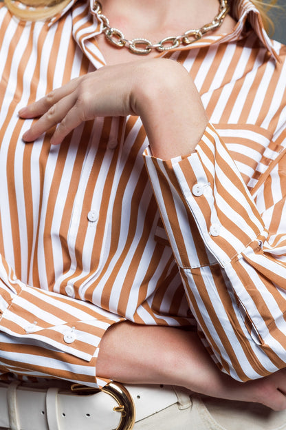 Striped Relaxed Shirt With Contrasting Pocket in Beige
