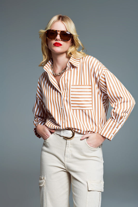 Striped Relaxed Shirt With Contrasting Pocket in Beige