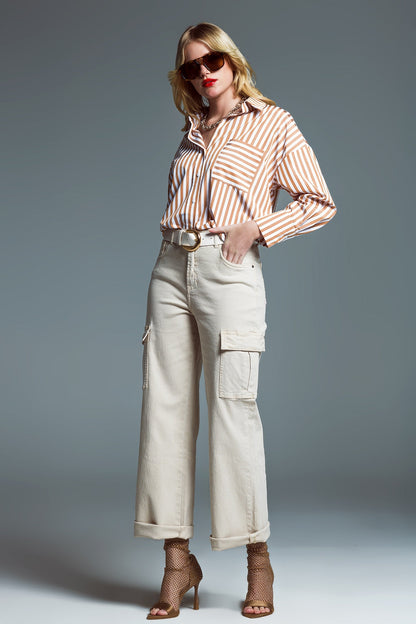 Striped Relaxed Shirt With Contrasting Pocket in Beige