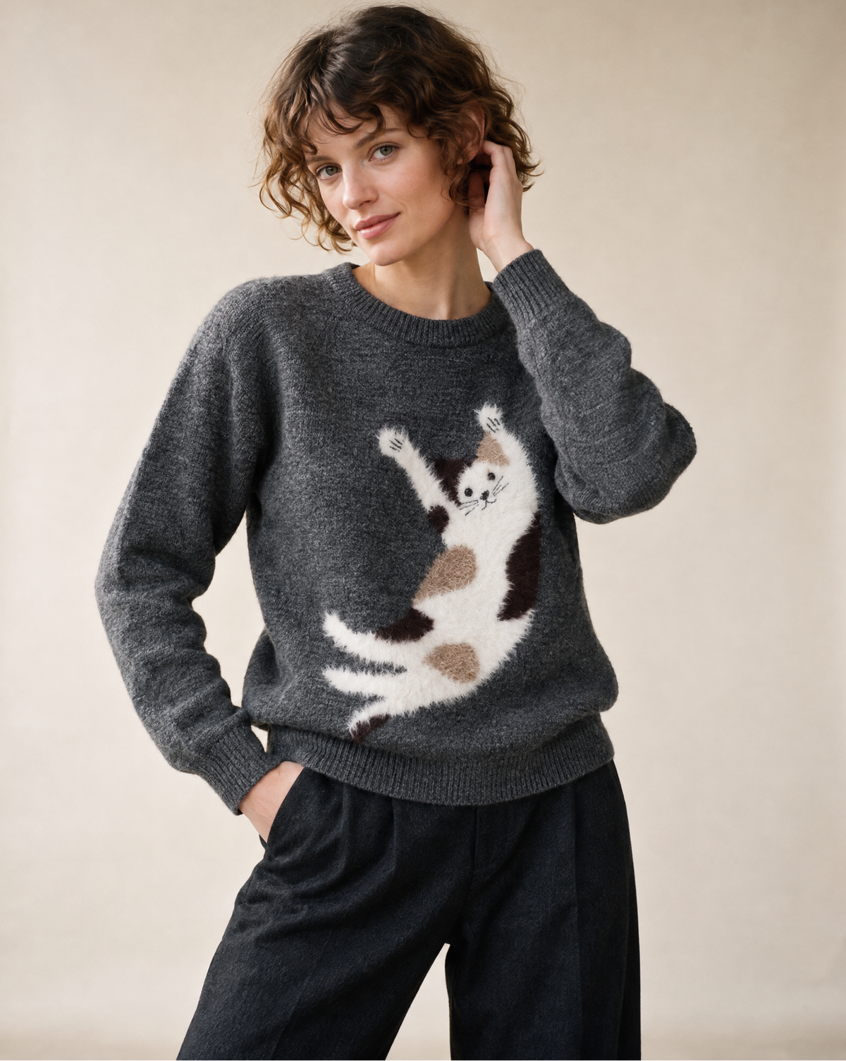 Sweater with Cartoon Cat Pattern