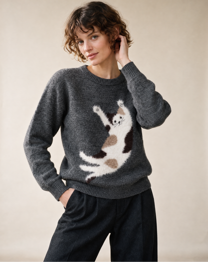Sweater with Cartoon Cat Pattern