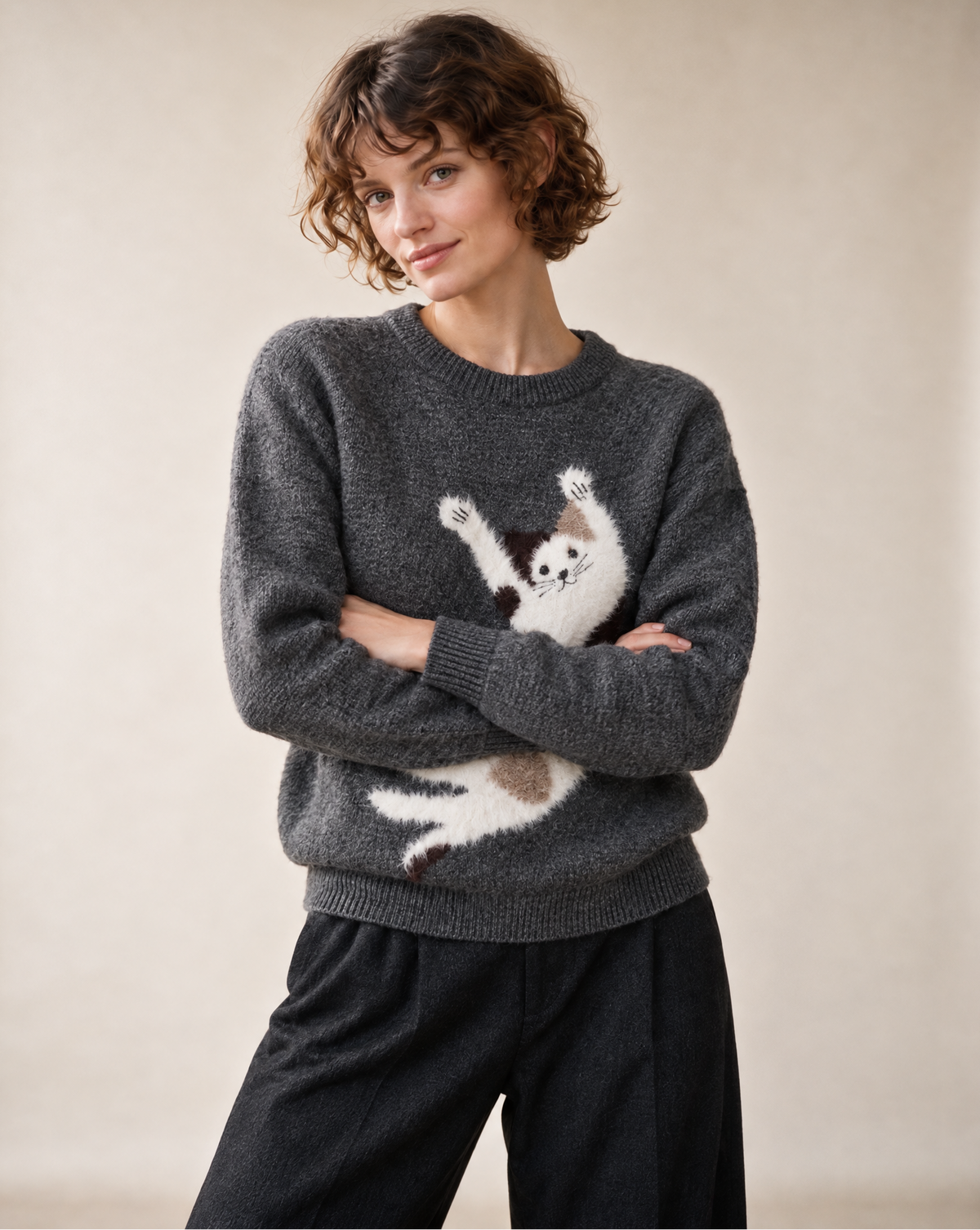 Sweater with Cartoon Cat Pattern