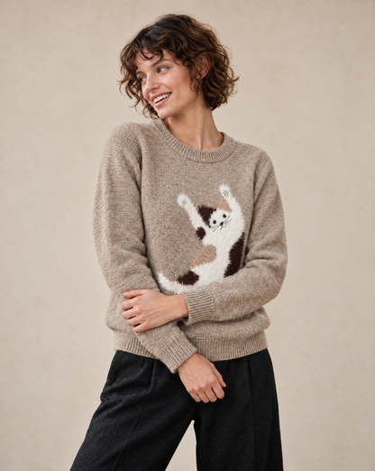 Sweater with Cartoon Cat Pattern