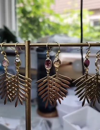 Brass Fern Leaf & Watermelon Tourmaline Dangle Earrings