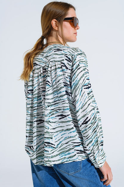 White Blouse With Green Animal Print and Long Sleeves