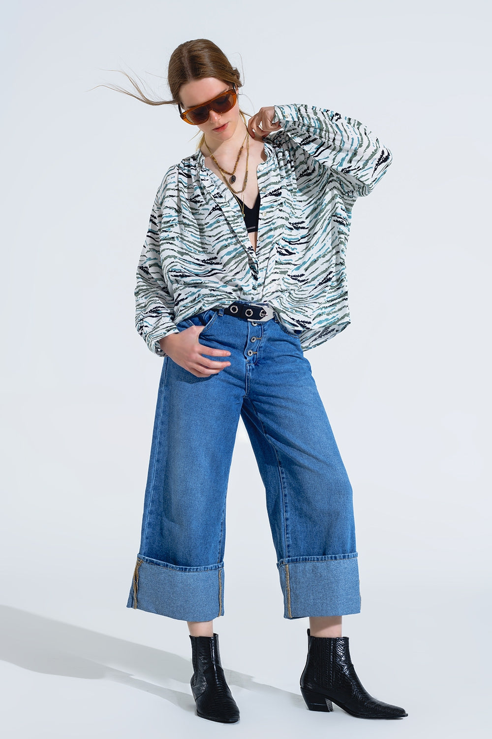 White Blouse With Green Animal Print and Long Sleeves
