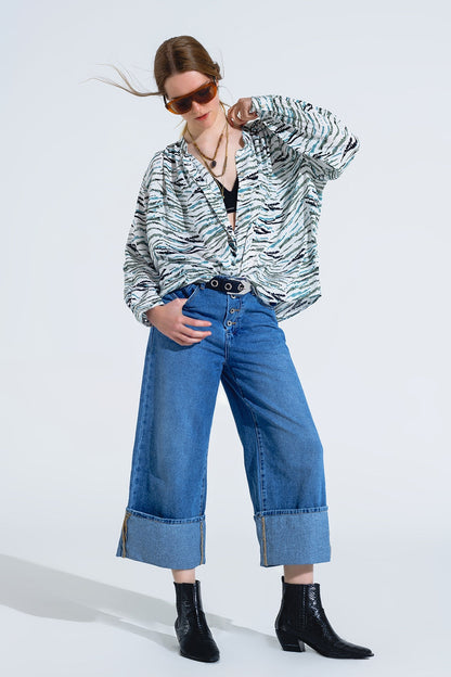 White Blouse With Green Animal Print and Long Sleeves