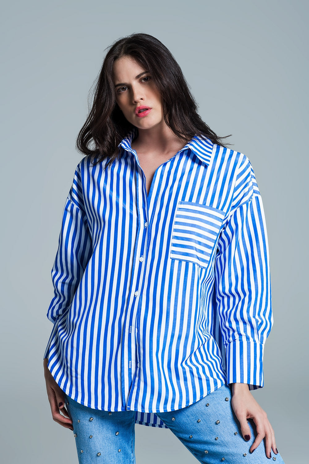 White Oversized Blouse With Vertical Stripes in Blue and Chest Pocket