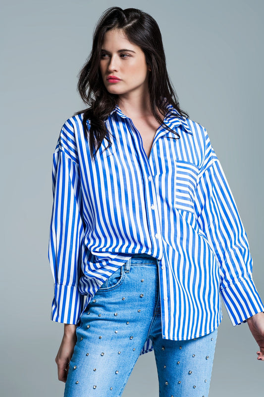 White Oversized Blouse With Vertical Stripes in Blue and Chest Pocket
