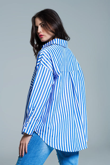 White Oversized Blouse With Vertical Stripes in Blue and Chest Pocket