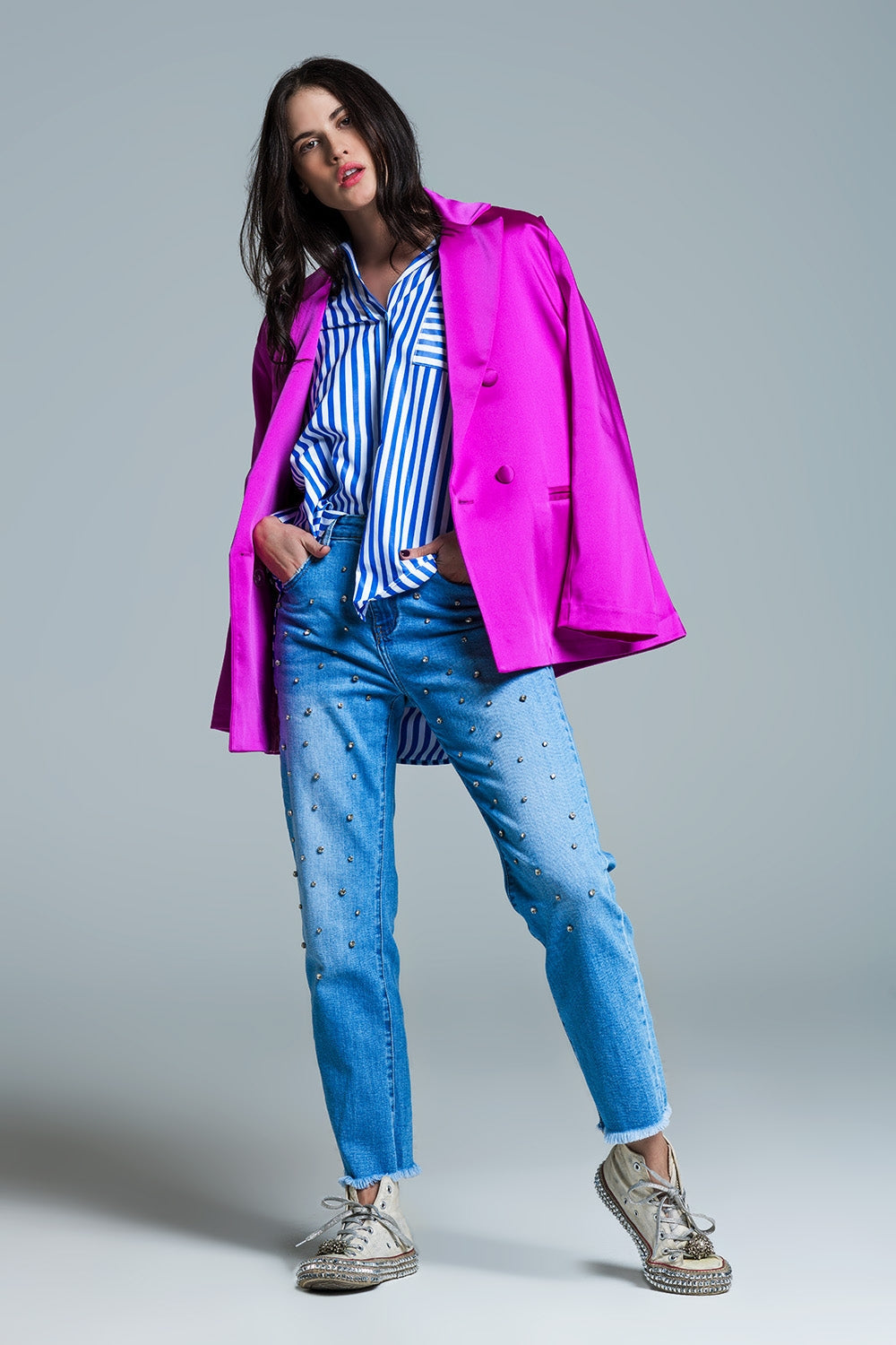 White Oversized Blouse With Vertical Stripes in Blue and Chest Pocket