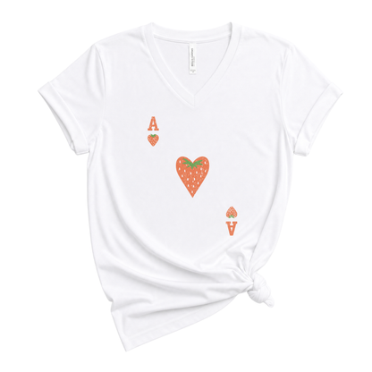 The Ace Of Strawberries, Vintage Distressed Print - Short Sleeve V-Neck Tee