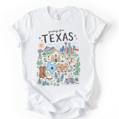 Greetings from Texas - Bella Canvas Super Soft Straight Cut T shirt