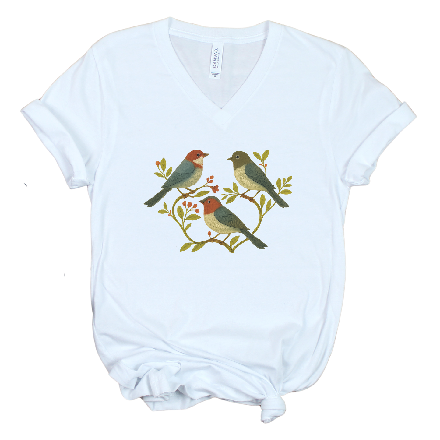 Folk Aviary  - Short Sleeve V-Neck Tee